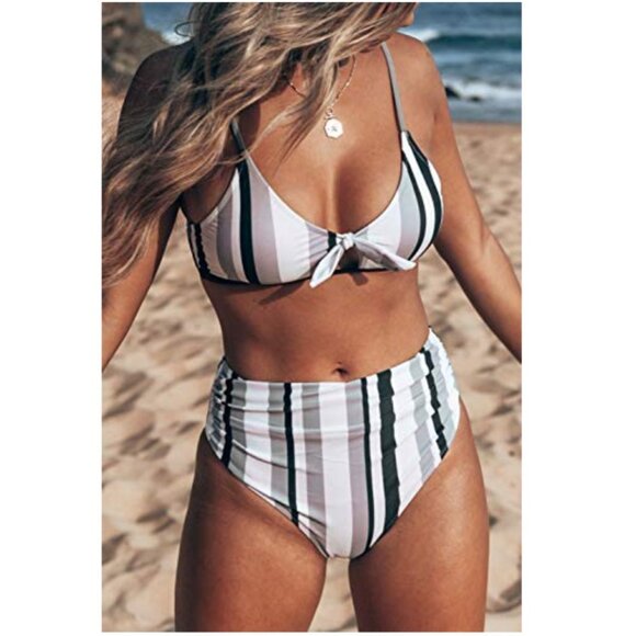 CUPSHE striped high waist bikini top and bottom M - Picture 1 of 8